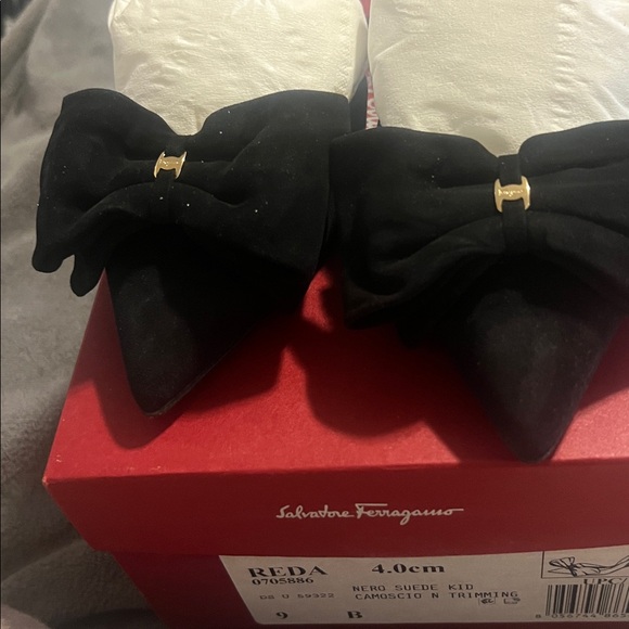 Salvatore Ferragamo Black Suede Heels with Gold Bow Detail - Picture 7 of 9